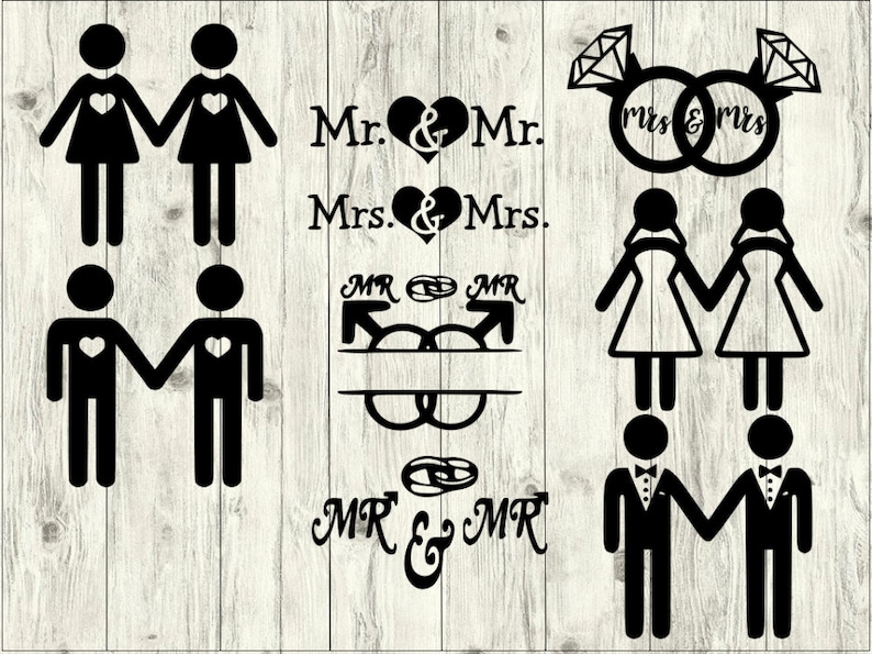 K&ouml;nnte beinhalten: Schwarz-wei&szlig;e Illustrationen von Paaren mit Herzen und Ringen. Der Text lautet "Mr. & Mr." und "Mrs. & Mrs."