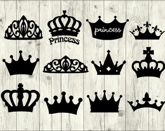 May include: A set of ten black silhouette crown designs, including a tiara, a king's crown, and a princess crown. The word "princess" is written on one of the crowns.