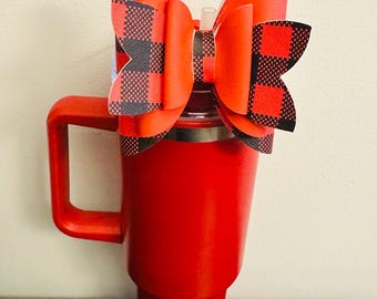 Red & Black Gingham Cute Handmade Straw Bow for Stanley 40oz Tumbler | Cup Bling | Aesthetic Girly Bow Accessory | Trendy Reusable Decor