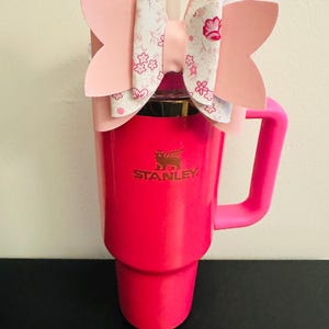 Pink & White Flower Cute Handmade Straw Bow for Stanley 40oz Tumbler | Cup Bling | Aesthetic Girly Bow Accessory | Trendy Reusable Decor