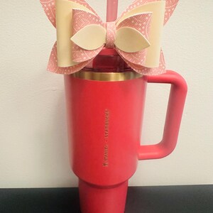 Pink & Cream Hearts Cute Handmade Straw Bow for Stanley 40oz Tumbler | Cup Bling | Aesthetic Girly Bow Accessory | Trendy Reusable Decor