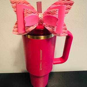 Embossed Basket Weave Iridescent Hot Pink Cute Handmade Straw Bow for Stanley 40oz Tumbler | Cup Bling | Aesthetic Girly Bow Accessory