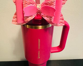 Embossed Basket Weave Iridescent Hot Pink Cute Handmade Straw Bow for Stanley 40oz Tumbler | Cup Bling | Aesthetic Girly Bow Accessory