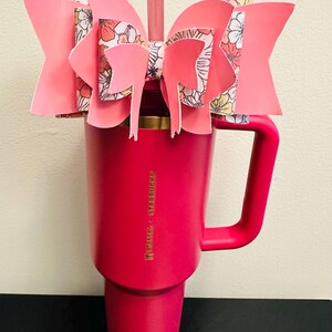 Pink & Flowers Cute Handmade Straw Bow for Stanley 40oz Tumbler | Cup Bling | Aesthetic Girly Bow Accessory | Trendy Reusable Decor