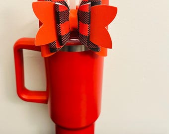Red & Black Gingham Cute Handmade Straw Bow for Stanley 40oz Tumbler | Cup Bling | Aesthetic Girly Bow Accessory | Trendy Reusable Decor