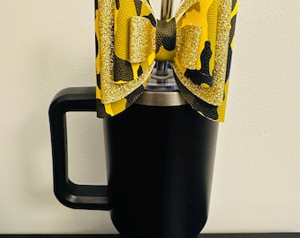 Fiocco di paglia fatto a mano, giallo e verde mimetico, per bicchiere Stanley da 40 once / Cup Bling / Accessorio Fiocco Estetico da Ragazza / Riutilizzabile alla Moda