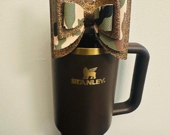 Fiocco di paglia fatto a mano, mimetico, marrone e verde, per bicchiere Stanley da 40 once / Cup Bling / Accessorio fiocco estetico da ragazza / Riutilizzabile alla moda