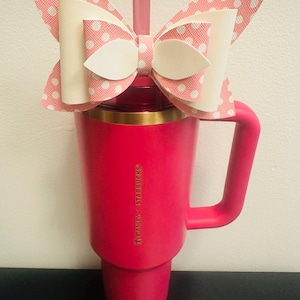 Pink & White Dots Cute Handmade Straw Bow for Stanley 40oz Tumbler | Cup Bling | Aesthetic Girly Bow Accessory | Trendy Reusable Decor