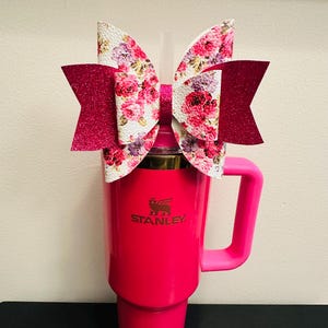 Flowery White & Pink Cute Handmade Straw Bow for Stanley 40oz Tumbler | Cup Bling | Aesthetic Girly Bow Accessory | Trendy Reusable Decor
