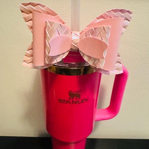Embossed Basket Weave Iridescent Pink Cute Handmade Straw Bow for Stanley 40oz Tumbler | Cup Bling | Aesthetic Girly Bow Accessory