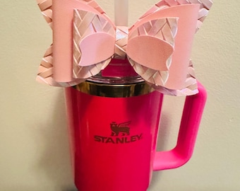 Embossed Basket Weave Iridescent Pink Cute Handmade Straw Bow for Stanley 40oz Tumbler | Cup Bling | Aesthetic Girly Bow Accessory
