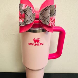 Hot Pink with Pink Cute Handmade Straw Bow for Stanley 40oz Tumbler | Cup Bling | Aesthetic Girly Bow Accessory | Trendy Reusable Decor