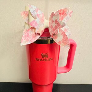 Cream & Pink Mermaid Scales Cute Handmade Straw Bow for Stanley 40oz Tumbler | Cup Bling | Aesthetic Girly Bow Accessory | Trendy Reusable