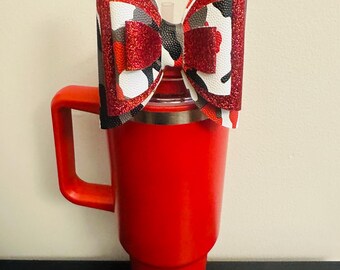 Camouflage Red & Black Cute Handmade Straw Bow for Stanley 40oz Tumbler | Cup Bling | Aesthetic Girly Bow Accessory | Trendy Reusable Decor