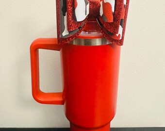Camouflage Red & Black Cute Handmade Straw Bow for Stanley 40oz Tumbler | Cup Bling | Aesthetic Girly Bow Accessory | Trendy Reusable Decor