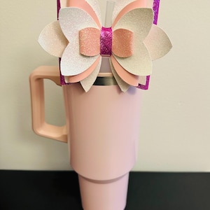 Pink & White Cute Handmade Straw Bow for Stanley 40oz Tumbler | Cup Bling | Aesthetic Girly Bow Accessory | Trendy Reusable Decor
