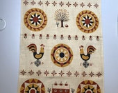 Pennsylvania Dutch Linen Tea Towel Folk Art Hex Sign Barn Weathervane Tulips Roosters Trees with Tag