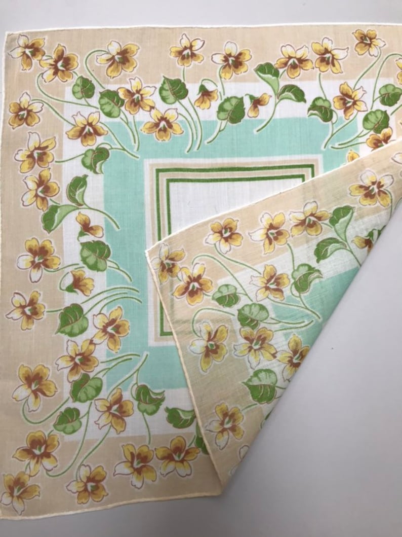 Mid Century Floral Handkerchief Mint Green Yellow Tan White