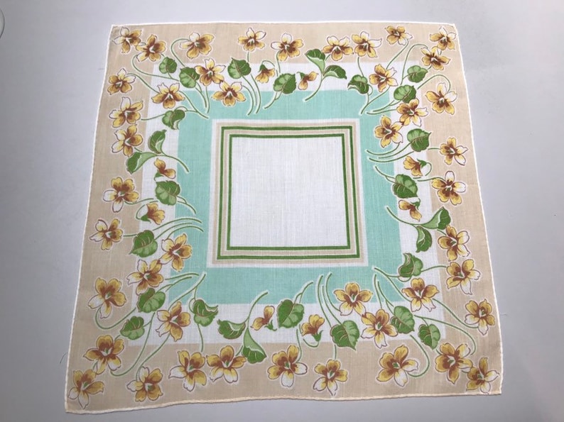Mid Century Floral Handkerchief Mint Green Yellow Tan White