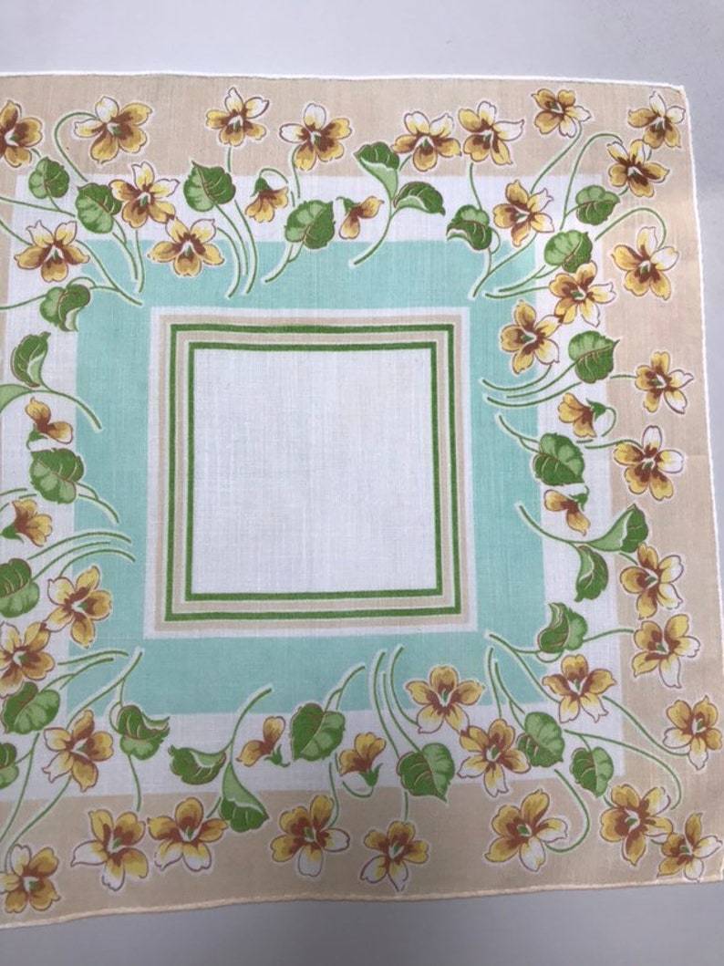 Mid Century Floral Handkerchief Mint Green Yellow Tan White