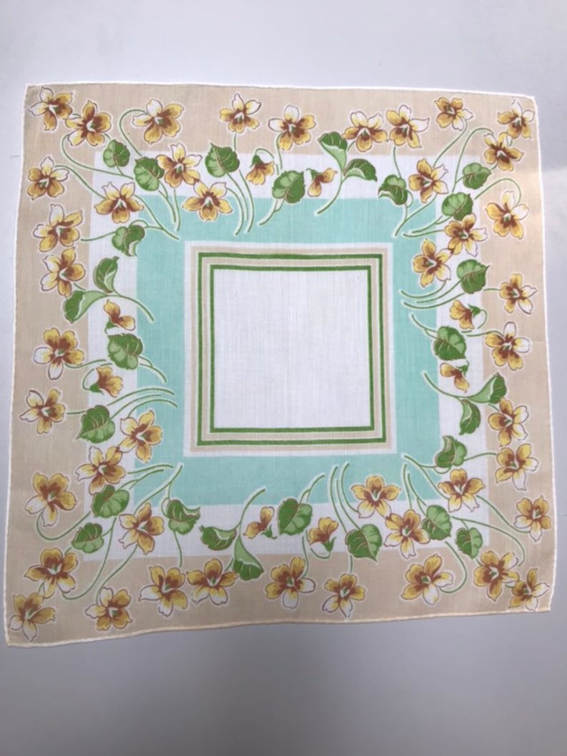 Mid Century Floral Handkerchief Mint Green Yellow Tan White
