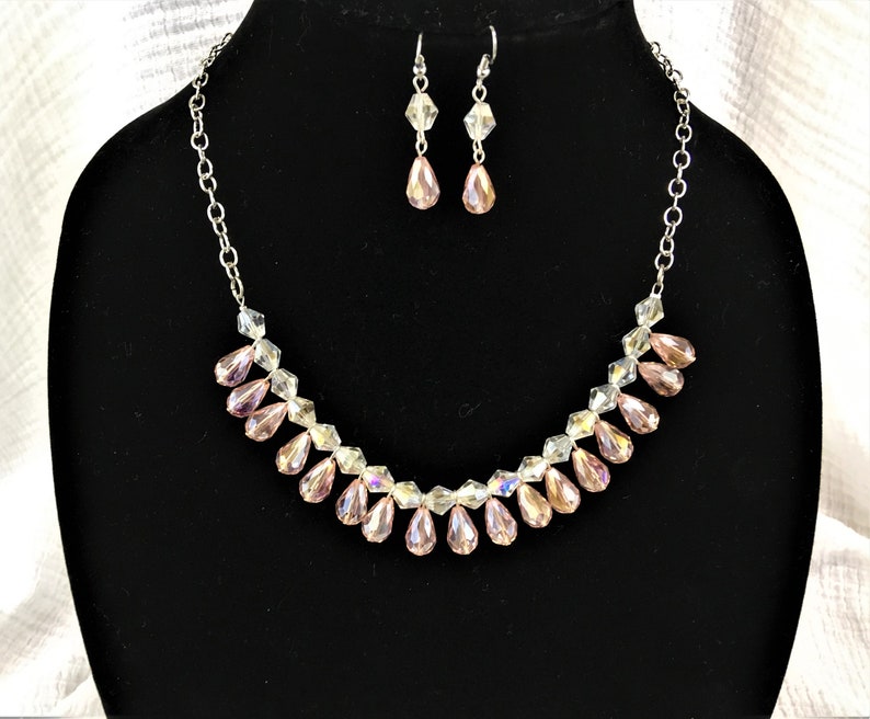 Pink Tear Drop Necklace and Earring Set Beaded Jewelry Set Pink Beaded Necklace Handmade Beaded Jewelry Pink Necklace Earring Set