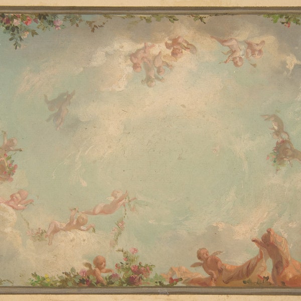Oil Painting of Ceiling with Clouds and Roses, 19th Century Art, Jules-Edmond, Charles Lachaise, Digital Download, French Art