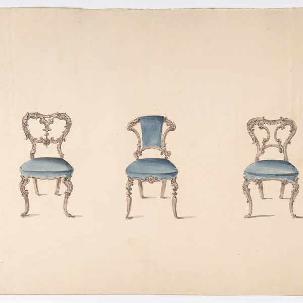 Sketch and Watercolor Chairs, Design for Three Chairs Upholstered in Blue, Early 19th century, French Style, Gallery Art, Digital Download