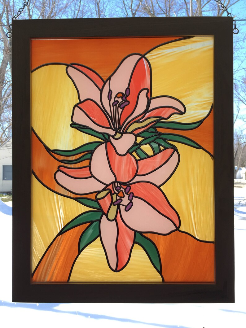 Stained Glass Panel Flowerstained Glass Panel Lilyleaded Art Etsy