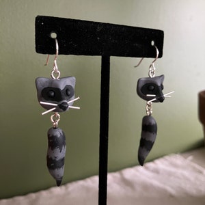 Raccoon Earrings - Gray and Black Polymer Clay Animal Dangle Earrings