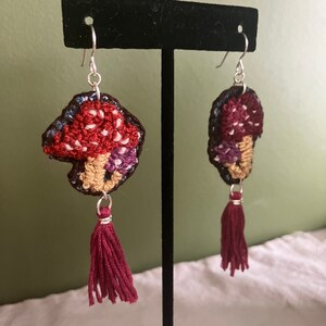 Mushroom Embroidered Earrings - Red, Purple, Maroon W/Red Tassel Dangle Earrings