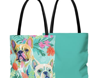 French Bulldogs Teal Tropical Flowers Tote Bag, Two-Sided Print! Three sizes to choose from.