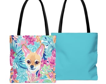 Chihuahua Turquoise Tropical Flowers Tote Bag, Two-Sided Print! Three sizes to choose from.