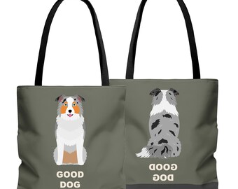 Aussie Good Dog Einkaufstasche, dunkelgrün, beidseitig bedruckt! Drei Größen zur Auswahl.