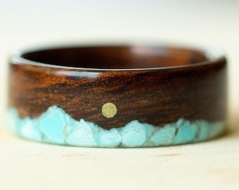 Mens Hawaiian Koa Wooden Ring with Turquoise Inlay, Ocean and Mountain Ring, Wood Wedding Band, Mens Hardwood Ring with Turquoise Inlay