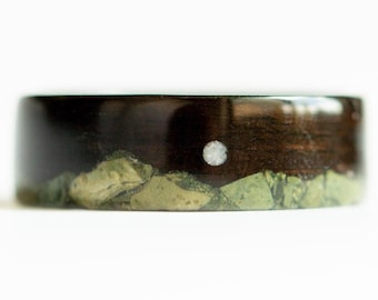 Mens Promise Ring Ebony Wood with Mother of Pearl Inlay, Mountain Ocean Ring Blue Green, Wooden Promise Ring for Him, Cool Hardwood Rings