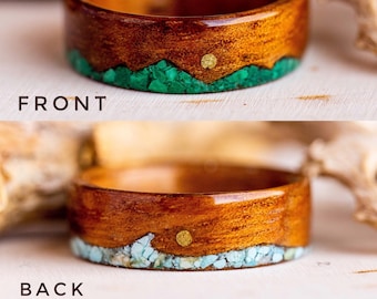 Mountain Wave Ring, Ocean and Mountain Ring, Mountain and Sea Couple Ring Koa Wood, Turquoise Ocean Wave Ring, Gift for Outdoorsy Couple