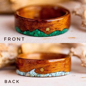 Mountain Wave Ring, Ocean and Mountain Ring, Mountain and Sea Couple Ring Koa Wood, Turquoise Ocean Wave Ring, Gift for Outdoorsy Couple