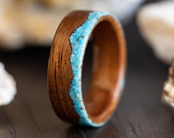 Koa Wood Ring Anniversary Ring, Turquoise Mountain Range Wood Ring