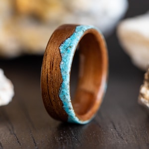 Koa Wood Ring Anniversary Ring, Turquoise Mountain Range Wood Ring