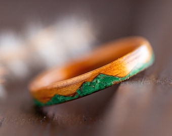 Koa Wood Ring, Malachite Mountain Ring, anniversary ring, engagement ring