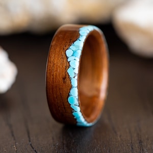 Wood Turquoise Inlay Mens Ring, Hawaiian Koa Wood Ring with Turquoise, Mountain Range Ring, Mountain Wedding Ring, Wooden Ring with Mountain image 1