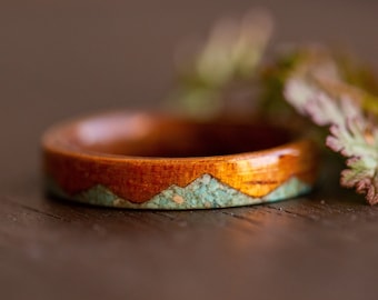 Koa Wood Ring Anniversary Ring, Turquoise Mountain Range Wood Ring