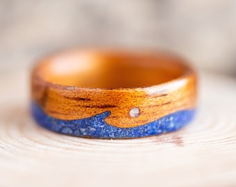 Lapis Ring, Gift For Surfers, Lapis Ring Men, Lapis Crystal Ring, Brown Wood Ring Men, Gift For Him Wood, Wood Ring With Inlay