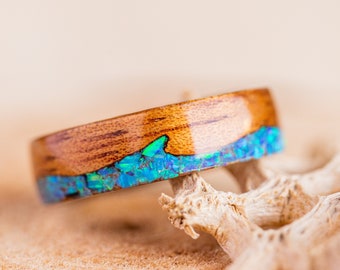 Blue Opal Ring Men, Blue Opal Ring band, Koa Wood Ring Men, Blue Opal Stone Ring, Hawaiian Koa Wood Ring With Inlay, Gift for Surfers