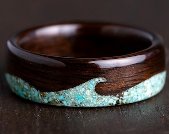Ebony Wood Ocean Wave Ring with Turquoise Inlay, Surfer Ring, Mens Hardwood Rings, Jewelry Gift for Surfer, Anniversary Gift for Ocean Lover