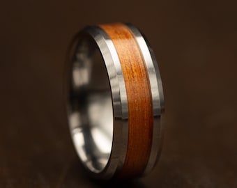 Mens Tungsten Band with Genuine Hawaiian Koa Wood Inlay, 8th Anniversary Gift for Him, Tungsten Metal Rings for Men, Sleek Minimalist Rings