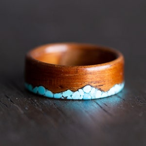 Wood Turquoise Inlay Mens Ring, Hawaiian Koa Wood Ring with Turquoise, Mountain Range Ring, Mountain Wedding Ring, Wooden Ring with Mountain image 2