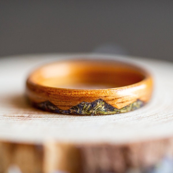 Koa wood ring, wooden ring, bentwood rings, wood wedding bands, women nature ring, real flower ring, floral ring, mountain ring, boho rings