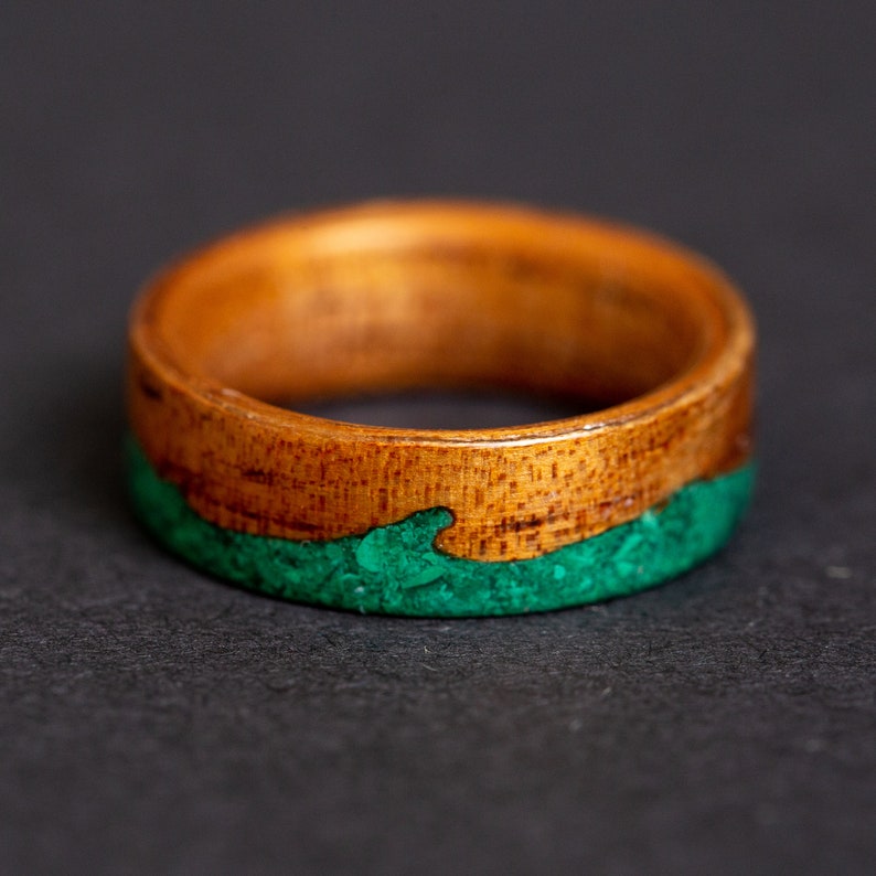 Wood Ring, Koa Wooden ring Malachite Ocean waves image 2